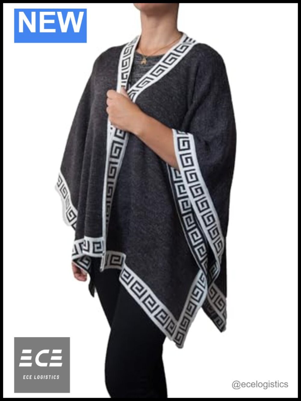 Alpaca Wool Pashmina Shawl Wrap Ruana Poncho Geometric Trim